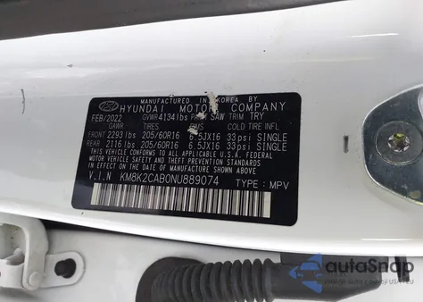 2022 Hyundai Kona Se z USA, uszkodzony, nr VIN KM8K2CAB0NU889074